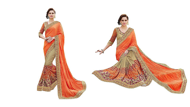 Arohi Designer Embroidered Orange Colour Silk & Georgette Saree for women With Blouse Material