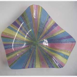 Higgins Art Glass Starburst Signed Mid Century Modern pink blue green yellow purple