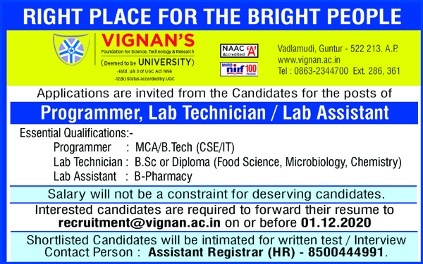 Vignan's University Microbiology Lab Technician Job Opening 