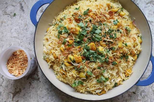 Food Lust People Love: This Bay Scallop Shrimp Biryani is a fragrant dish of well-seasoned seafood quickly seared till golden then mixed with long-grained basmati rice. It’s one of our favorite one-pot meals! I’ve adapted this recipe from the shrimp biryani in "At Home with Madhur Jaffrey."