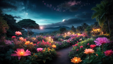 moonlit night over tropical garden