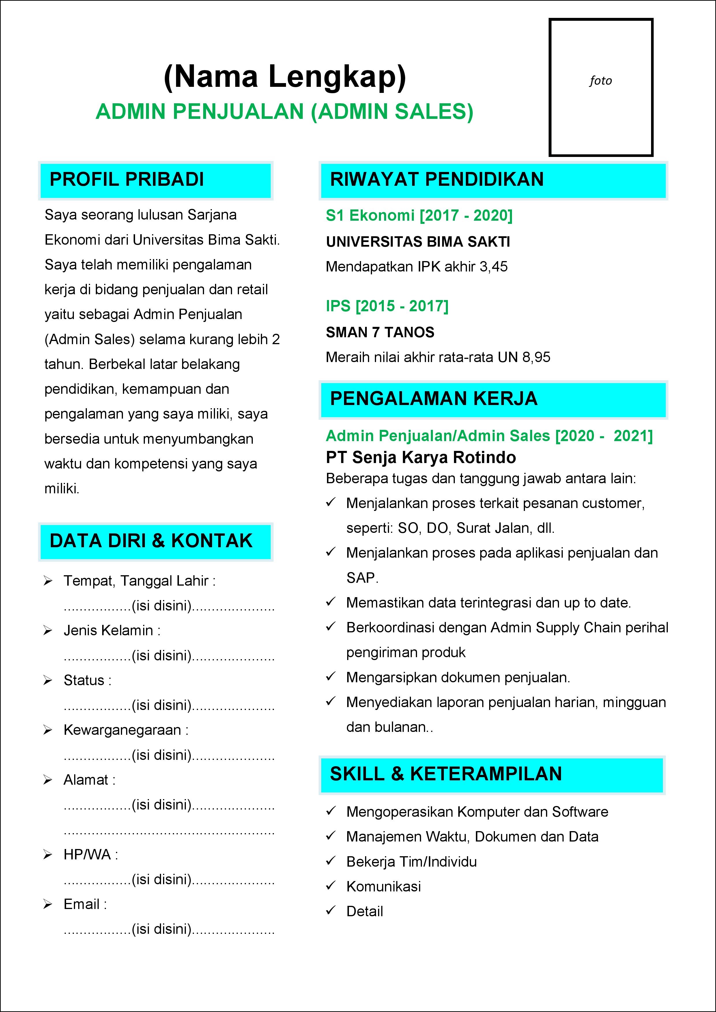 contoh 2 daftar riwayat hidup Admin Penjualan/Admin Sales yang telah memiliki pengalaman kerja (experience)