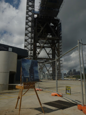 Plein air painting of the Hammerhead Crane before its demolition at Garden Island painted by industrial heritage artist Jane Bennett