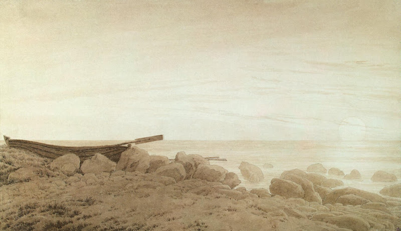 Boat on the Shore. Moonrise by Caspar David Friedrich - Genre Painting from Hermitage Museum