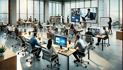 Modern office with employees working in a hybrid environment, using remote collaboration tools and virtual meetings for productivity
