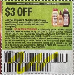 3.00/2 Garnier Whole Blends Coupon from "SAVE" insert week of 1/7/23..