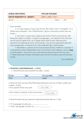 تحميل فرض تأليفي 3 أنقليزية مع الاصلاح سنة سابعة أساسي pdf Anglais  , امتحان أنقليزية سنة سابعة مع الإصلاح 7ème,full-term test english