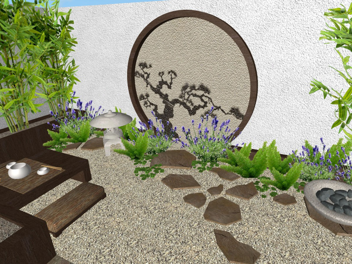 diseño 3D jardin japones pequeño en patio