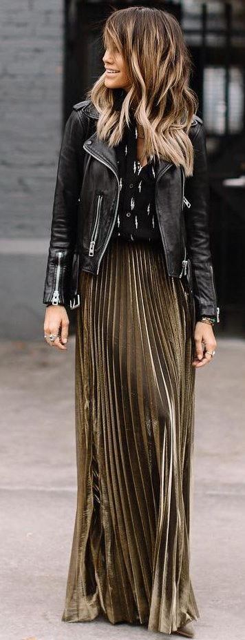 fashionable outfit idea / gold maxi skirt : leather jacket + top