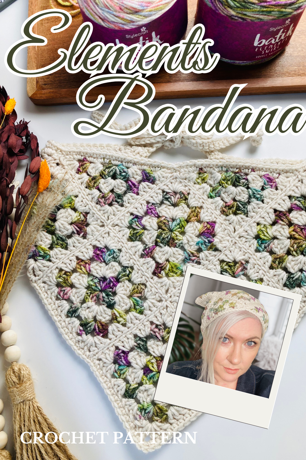 a pinterest pin of a crochet granny square bandana with a snapshot of a model wearing it cottage core style as a headscarf