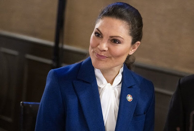 Crown Princess Victoria wore a royal blue blazer, and darcel royal blue trousers by Rodebjer. Dagmar Taylor tote bag