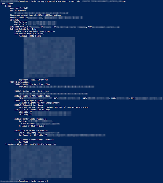 Terminal output showing a decoded certificate that is missing Key Usage and Extended Key Usage abilities compared to the CSR. Identifiable details have been redacted.