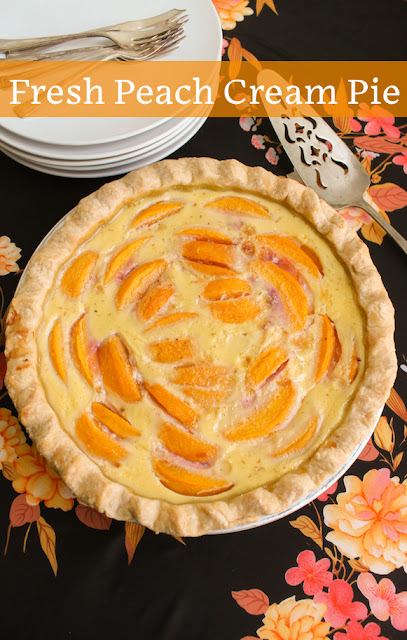 Food Lust People Love: This old-fashioned fresh peach cream pie is lighter than a custard pie but still rich and sweet enough to be a delightful dessert. Make it with fresh peaches, if you have them and canned or frozen peaches if you don’t.