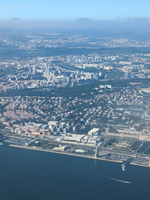 Aerial view of the riverside in the Belem area of Lisbon including the Monument to the Discoveries the