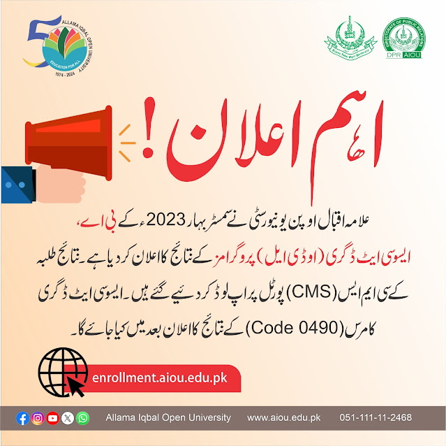 AIOU Announced results BA Level in different Subjects 2023