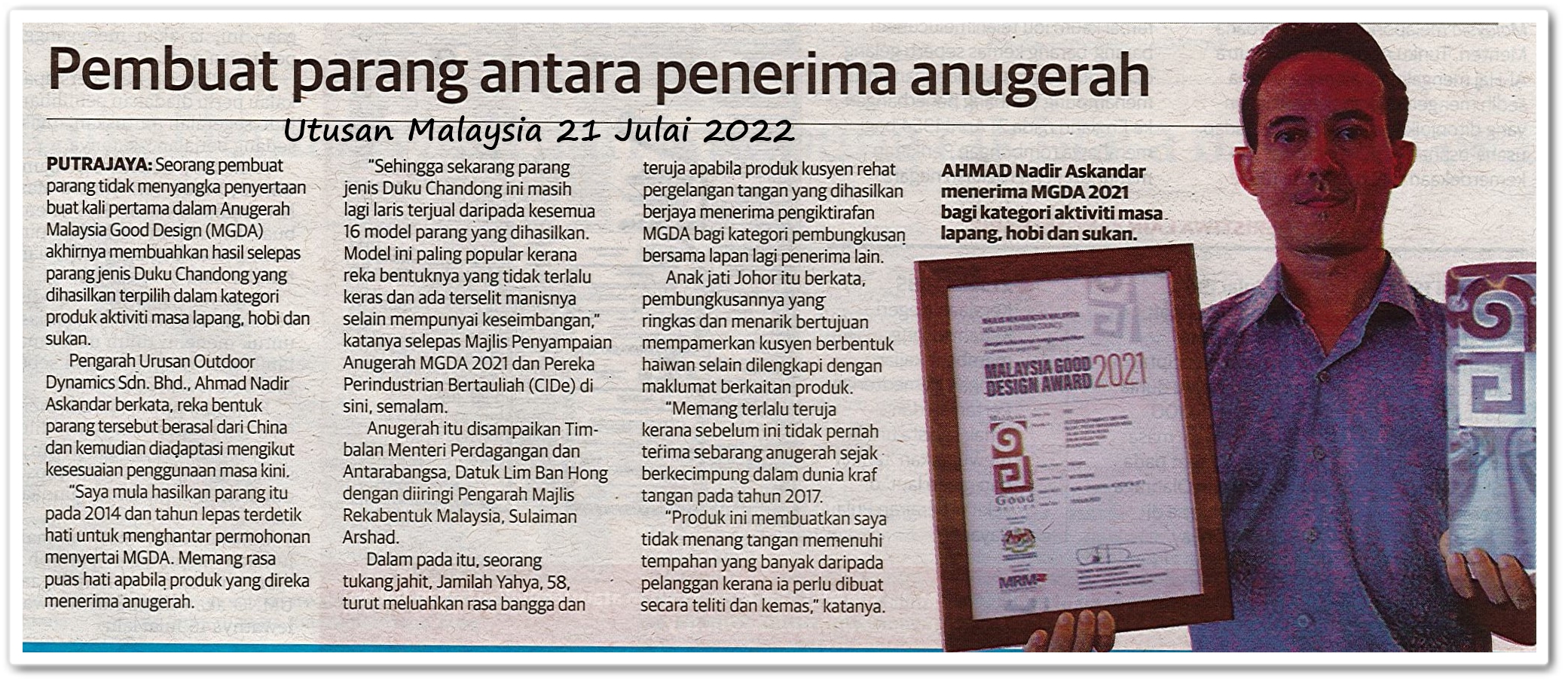 Pembuat parang antara penerima anugerah - Keratan akhbar Utusan Malaysia 21 Julai 2022