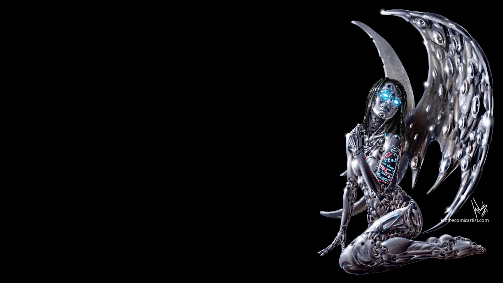 Tattooed Cyberpunk Robot Angel Desktop Wallpaper.