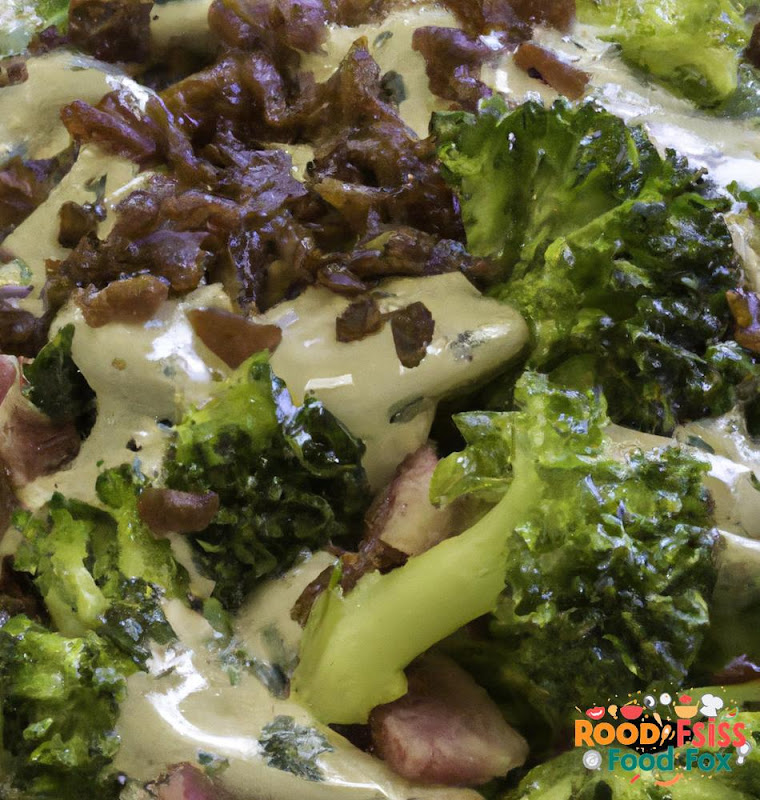  A bowl of Broccoli Salad with a creamy dressing, chopped broccoli, bacon, raisins, and sunflower seeds.