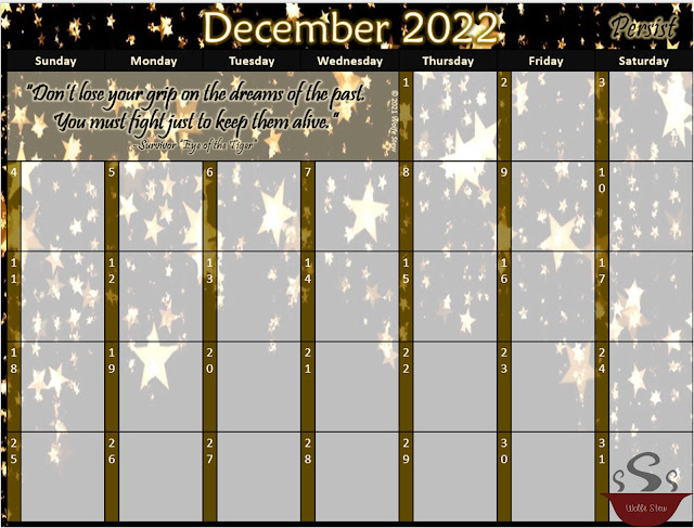 A star sprinkled black background with a gold and white themed December 2022 calendar overlay.