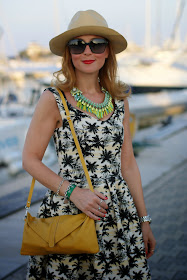 palm print dress, caleidos clutch, Sodini bijoux collana, ecua-andino classic panama hat, Fashion and Cookies, fashion blogger