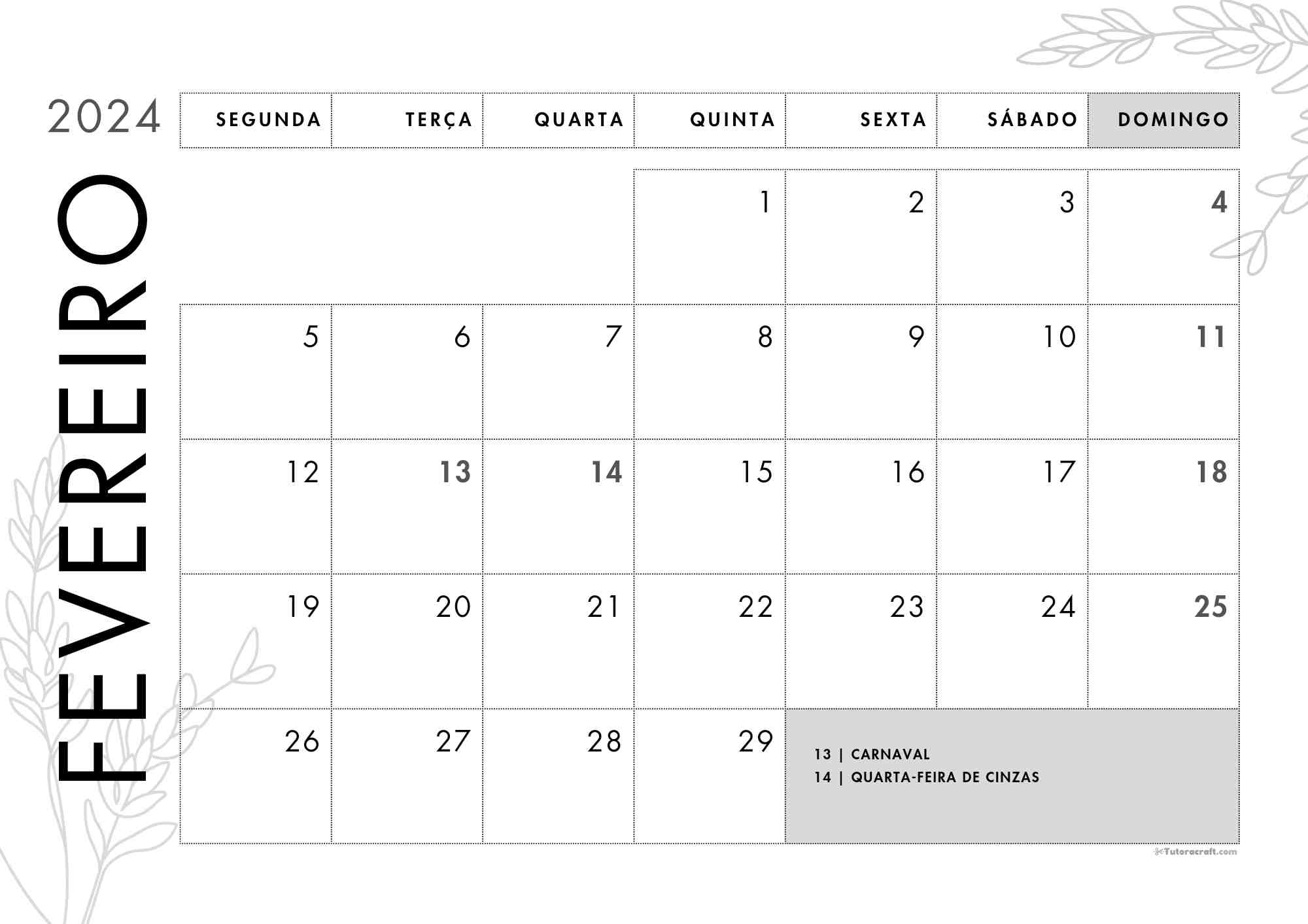 Calendário mensal Fevereiro 2024 para imprimir