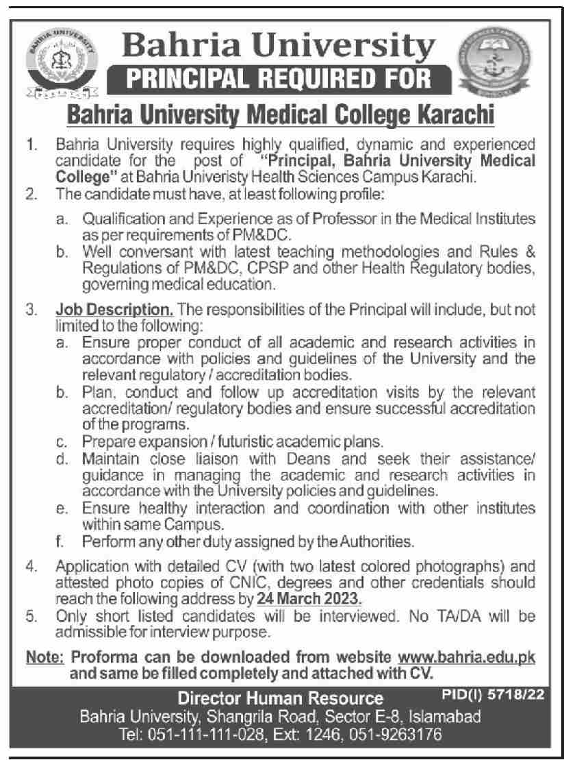 Latest Bahria University Education Posts Karachi 2023