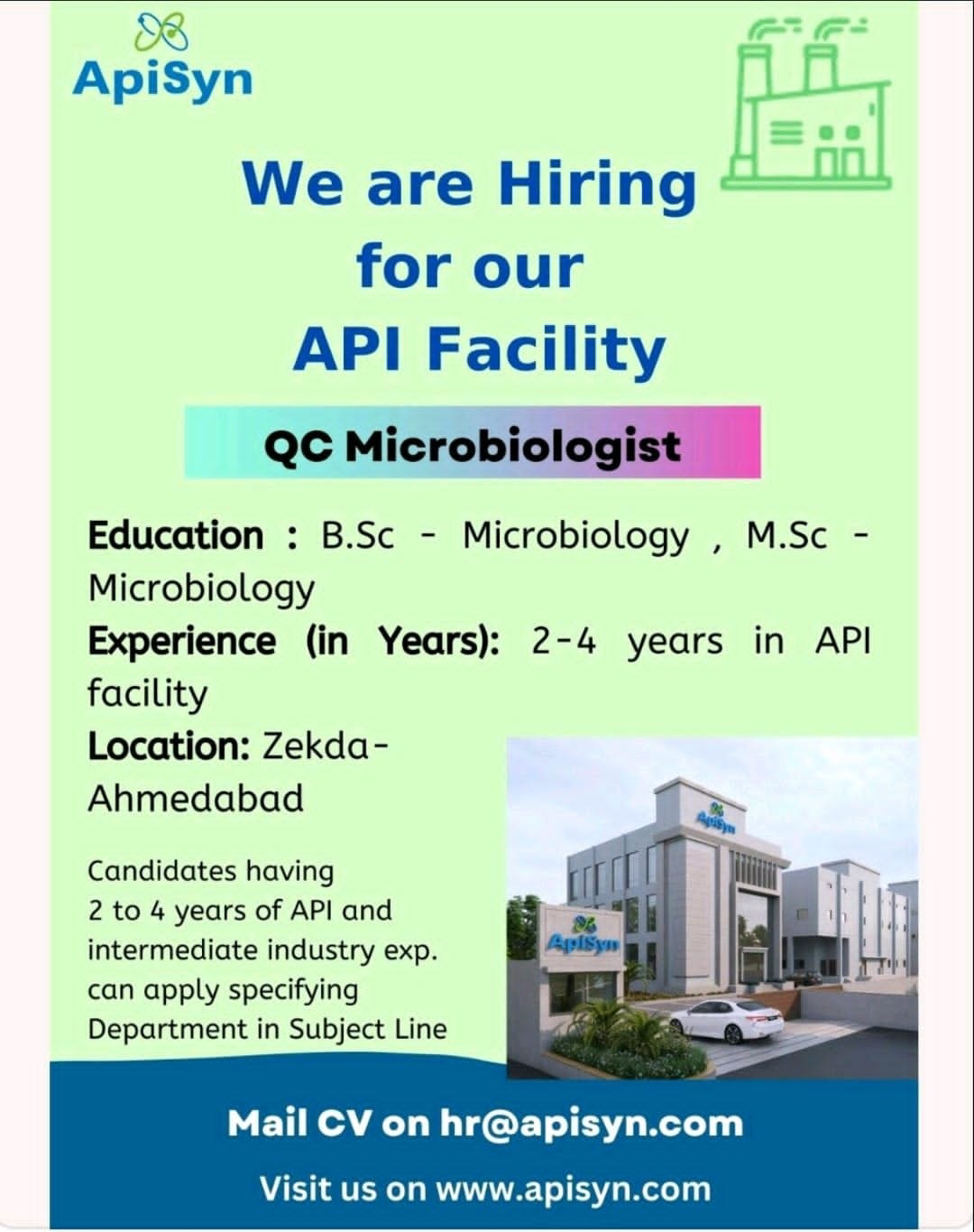 Job Availables, Apisyn Job Vacancy For BSc Microbiology/ MSc-Microbiology