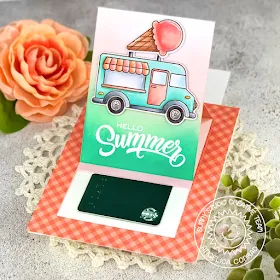 Sunny Studio Stamps: Cruisin' Cuisine Sliding Window Dies Heartstrings Border Dies Summer Themed Card by Angelica Conrad