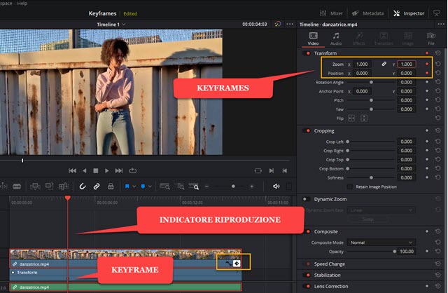 applicare i keyframe a davinci resolve