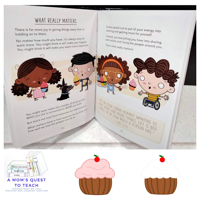 A Mom's Quest to Teach: Book Club logo; cupcake clipart and interior of Tiny Truths Little LIghts Devotional