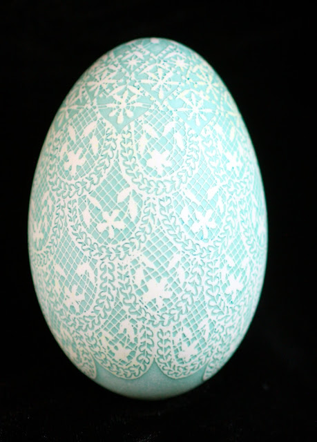 Batik Egg Art Geometric Lace Design in White and Robin's Egg blue by Katy David