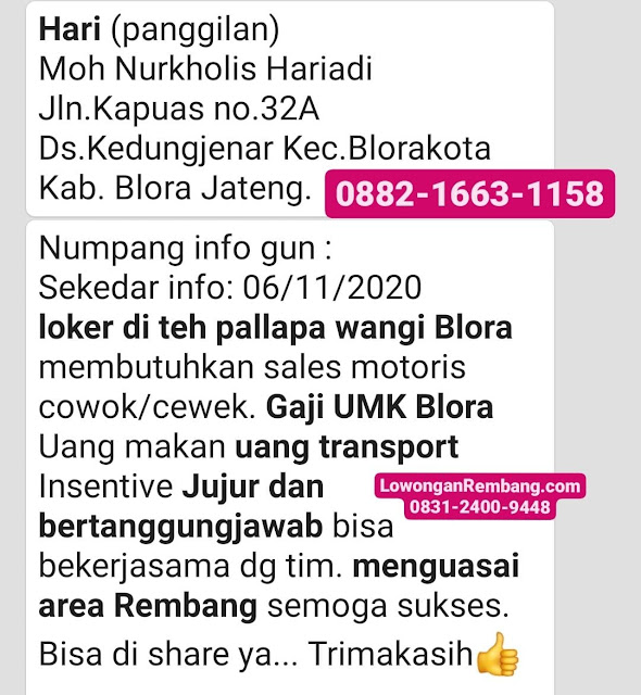 Lowongan Kerja Sales Motoris Teh Palapa Area Rembang Dan Sekitar Tanpa Syarat Pendidikan