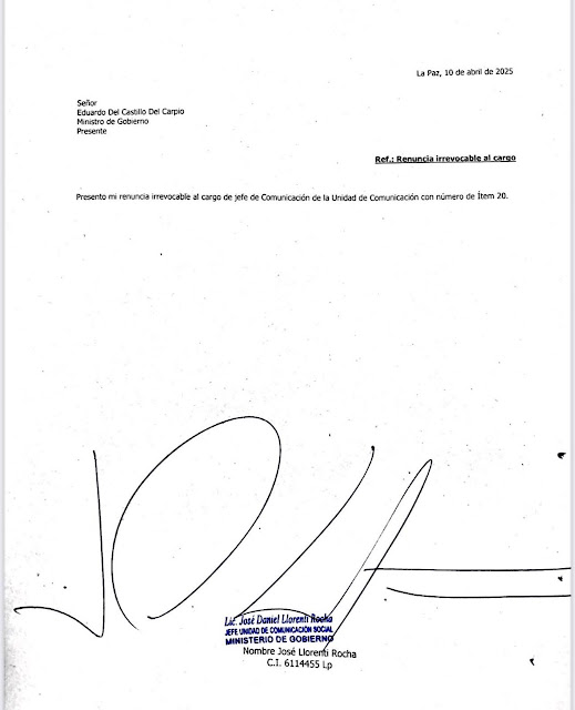 Carta de Renuncia de Jose Daniel Llorenti como jefe de Comunicación de Eduardo del Castillo