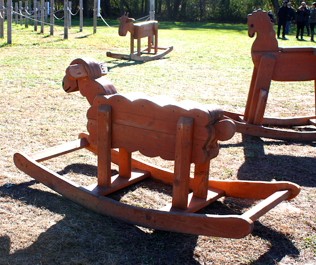 Farm animal rocking horses are fun for kids to ride at Skelly's Farm Market