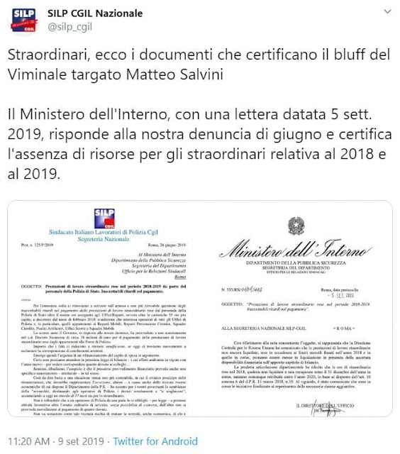 Salvini ha dimenticato di pagare gli straordinari ai poliziotti   ed ha lasciato il conto alla ministra Lamorgese