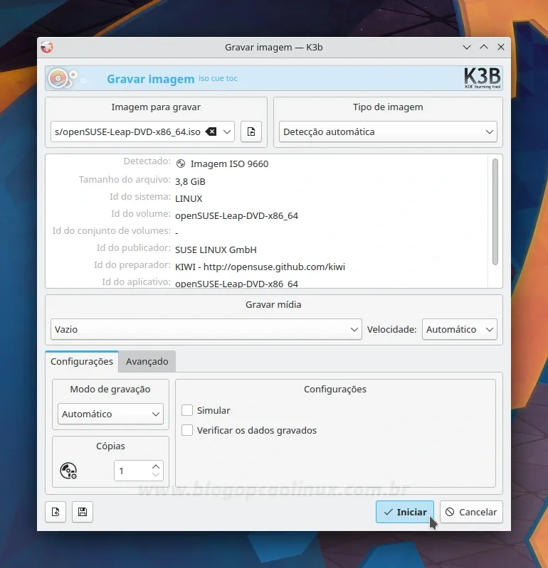 Gravando a ISO do openSUSE Leap num DVD pelo K3B