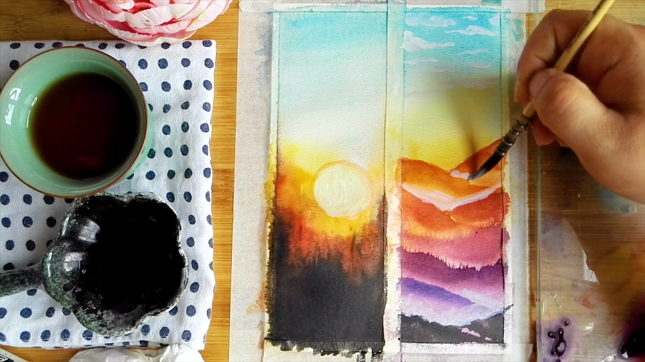 2Draw with black tea watercolor sunset landscape tutorial, come to see my online class