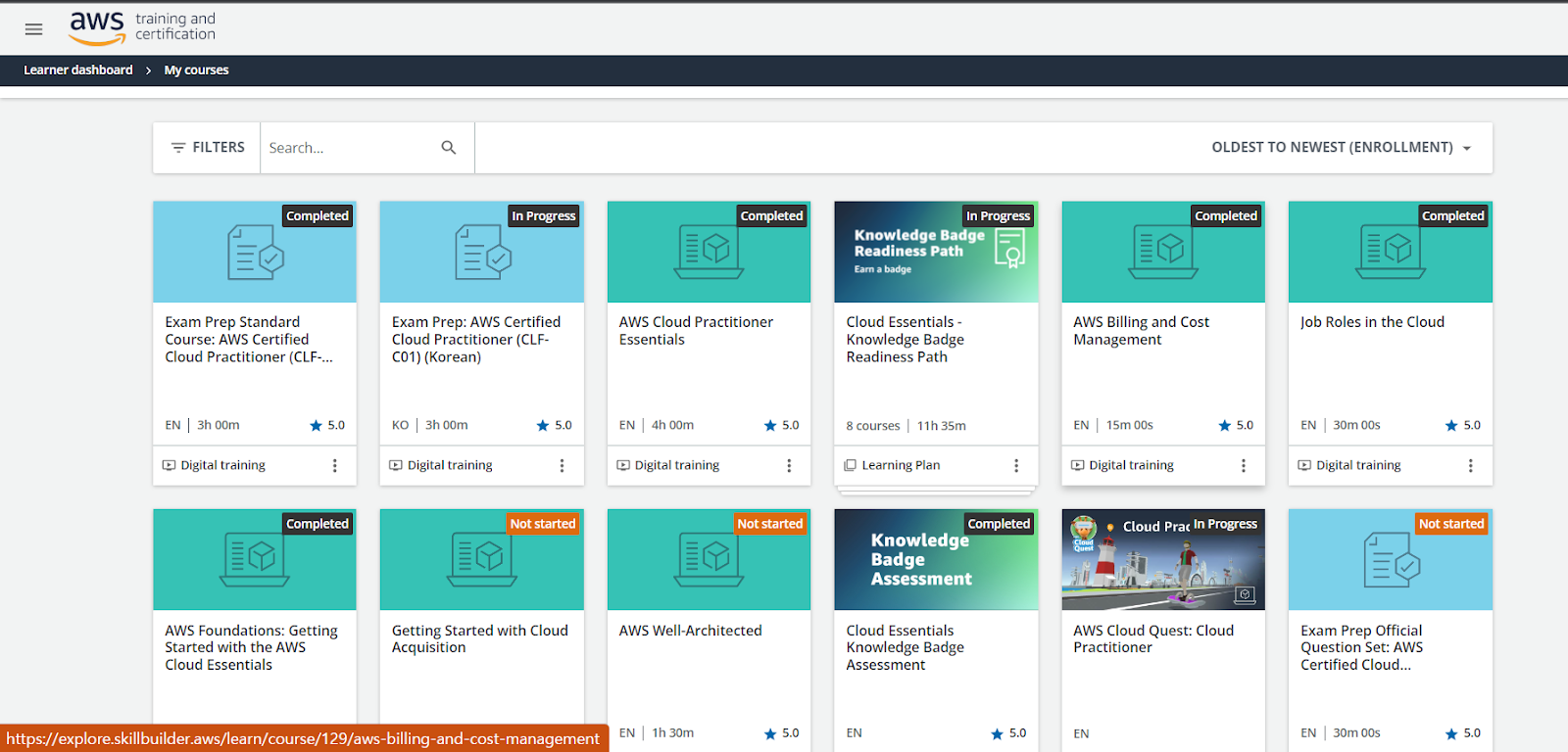 AWS Skill Builder의 My courses 화면
