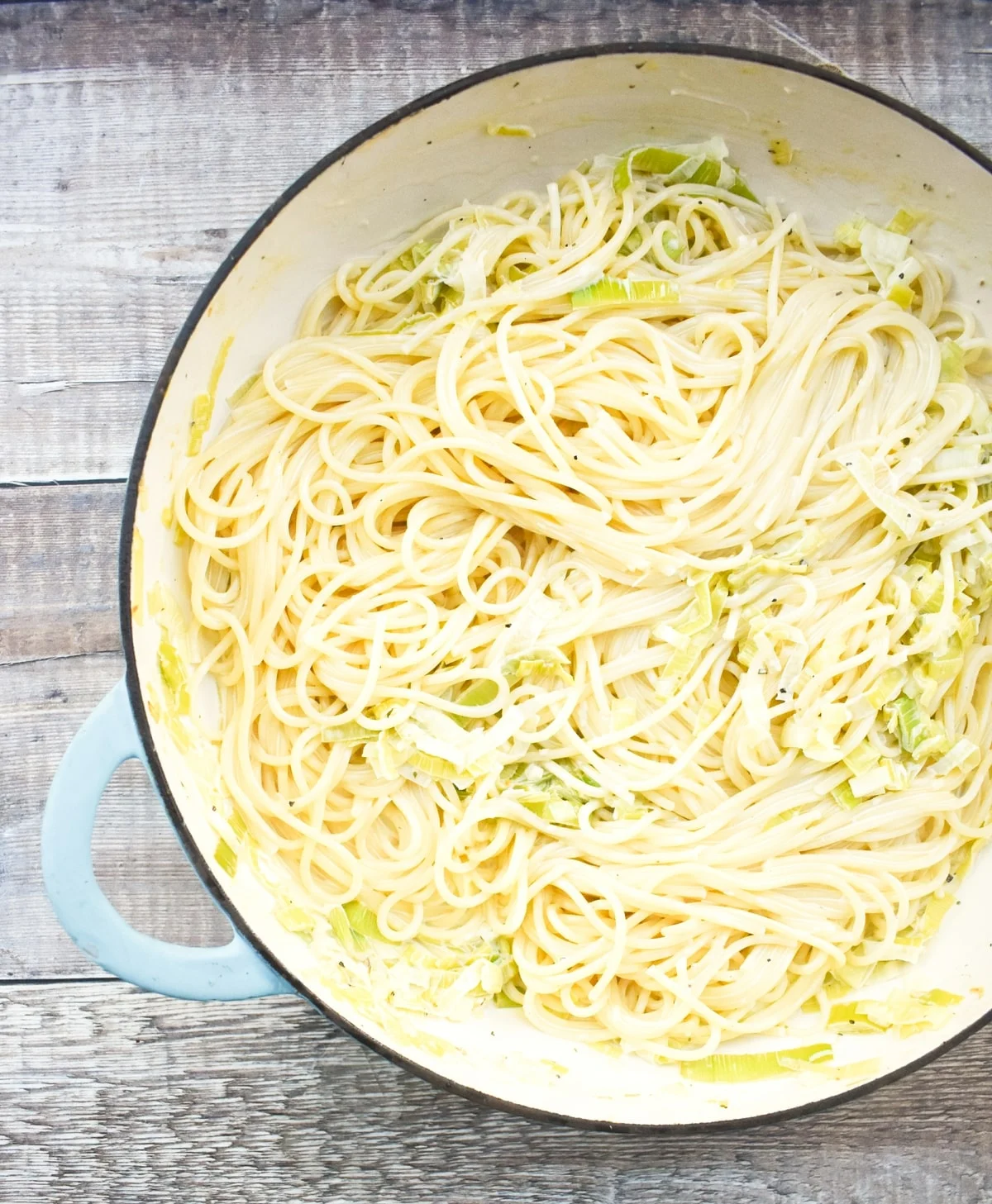 Pot of creamy leek spaghetti.