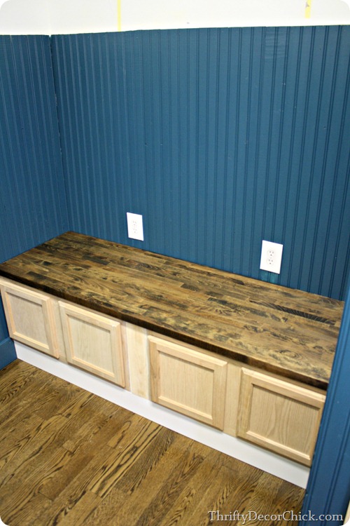 Mud room bench with kitchen cabinets