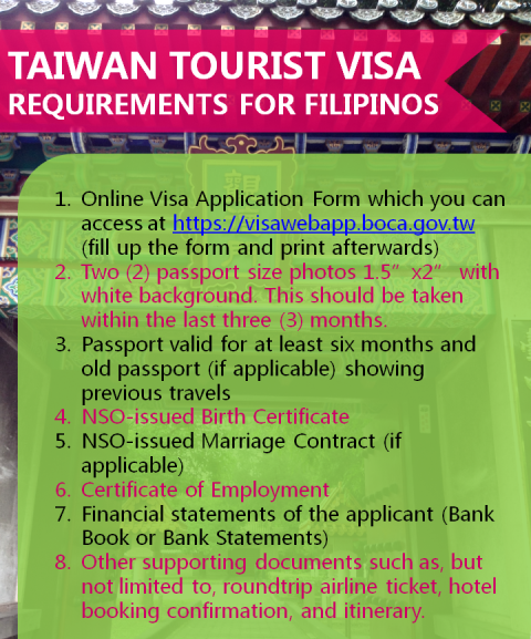 Taiwan Tourist Visa Application Guide for Filipinos requirements 