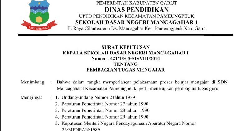 Kumpulan Contoh Surat Keputusan ( SK ) Kepala Sekolah 