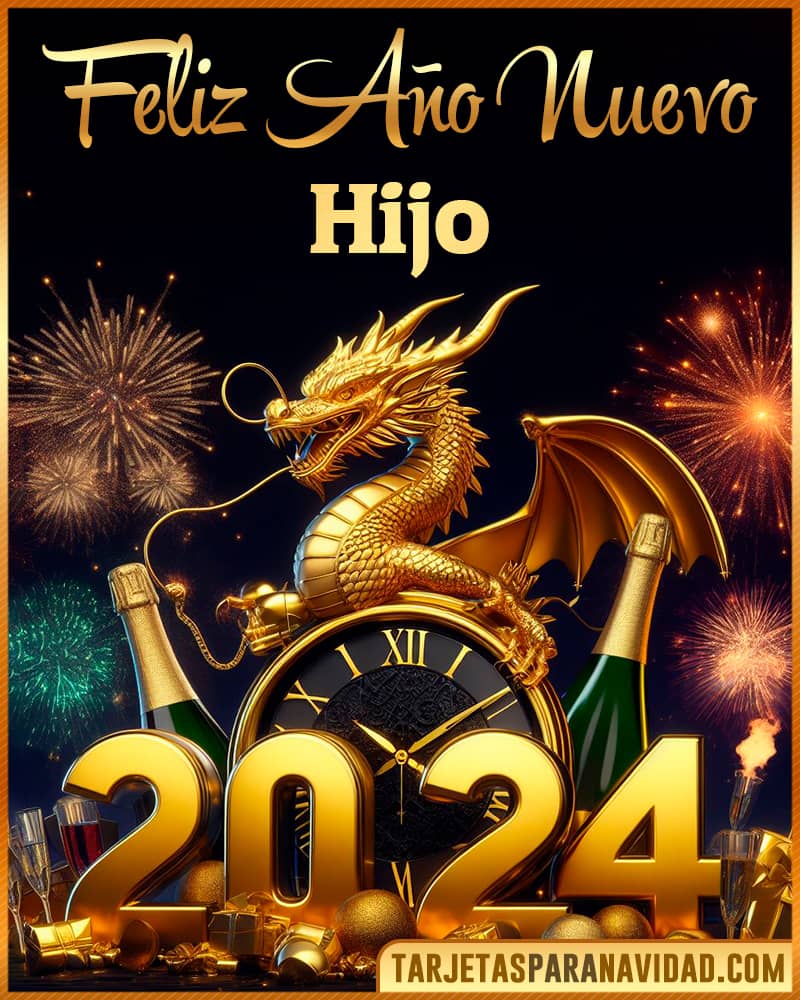 Tarjeta De Feliz Año Nuevo 2024 Con Dragon Dorado Para Hijo