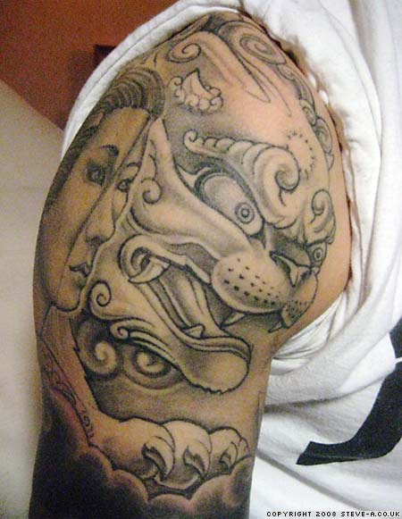 Black and Grey Half Sleeve Dragon Tattoo Design for Men Shoulder