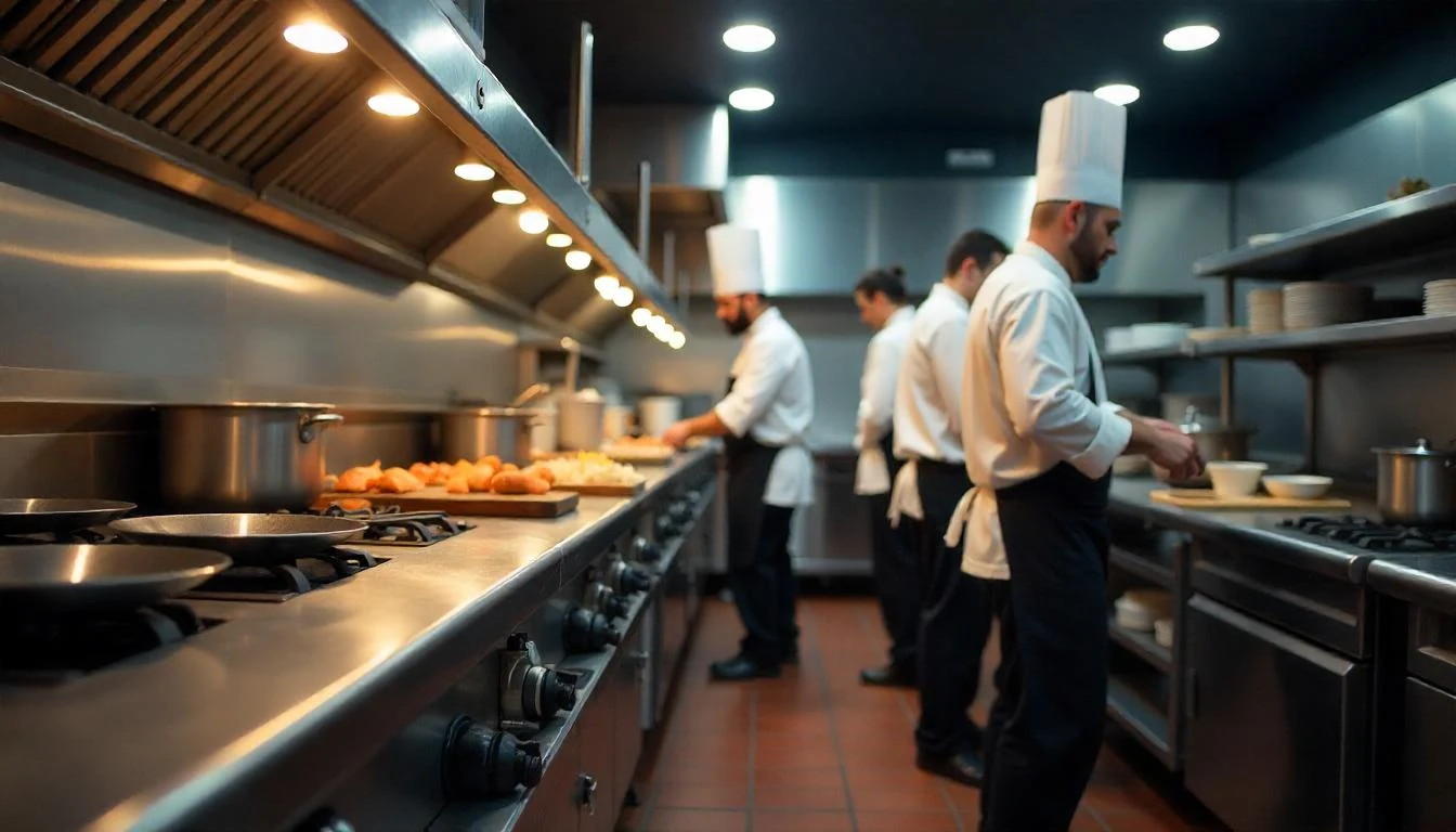 Chefs working efficiently in separate functional kitchen zones