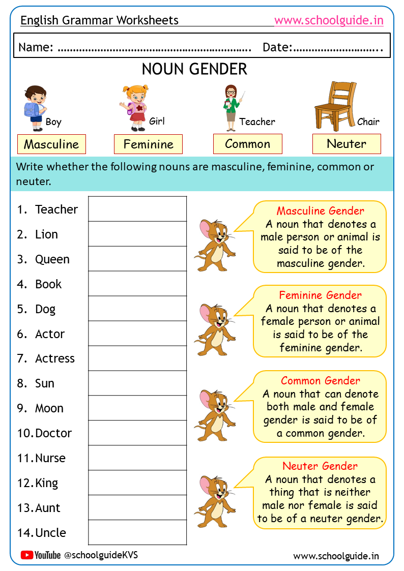 Free Printable Noun Gender Worksheets