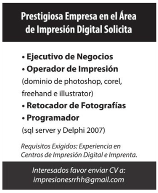 Empleo Empresa de Impresión tiene 4 Vacantes Aplica!