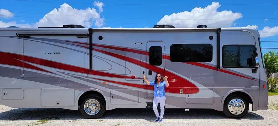 Patrice with New Winnebago Vista 33k