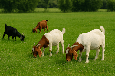 goat grazing on lush green pasture