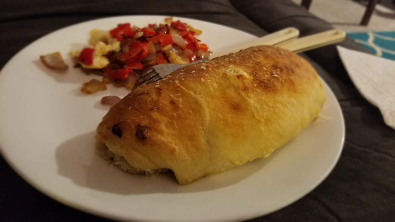 Two-cheese veggie calzone, from Dinnerly (huge!)